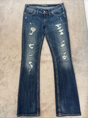 Silver Jeans Distressed Dark Blue Bootcut Jeans